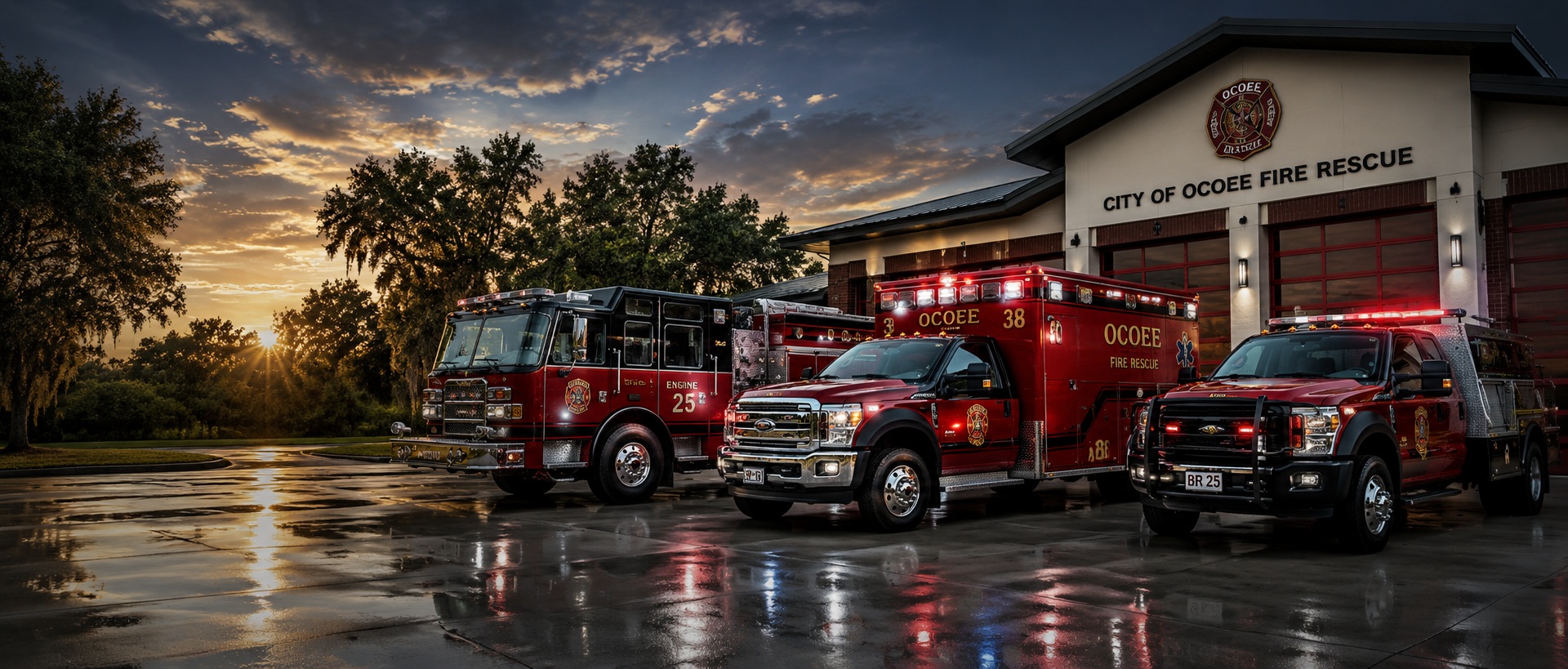 Ocoee Fire Department station and emergency response vehicles